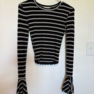 Urban Outfitters Black and White Striped Long-Sleeve Ruffle Cuff Top